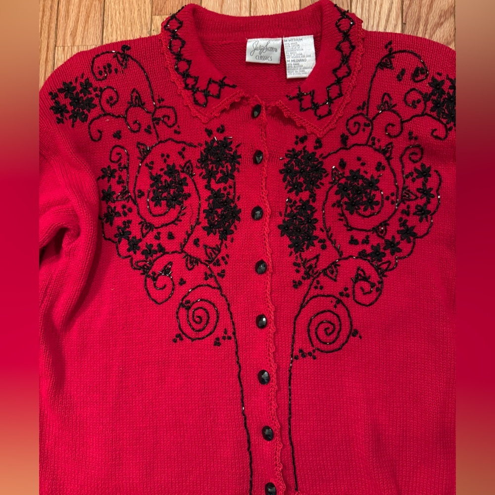 VTG Red Embroidered beaded Women's collared Sweater shoulder pads